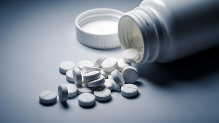 Close-up view of a white prescription pill bottle overturned on a surface with numerous round white tablets spilling out and scattered across the foreground creating a pharmaceutical concept image.