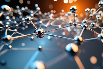 Molecular structure with metallic spheres and glowing lights in abstract design