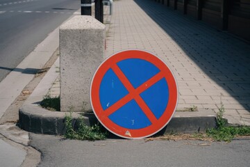 No stopping sign leaning on a curb next to a bollard on a sunny street
