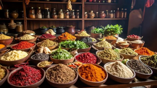 Aromatic spices and herbs are displayed in bowls, creating a colorful and inviting culinary scene.
