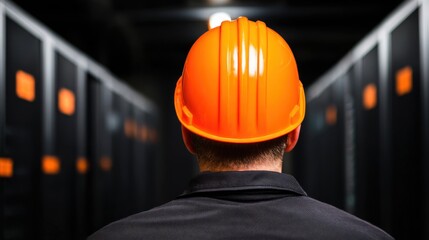 A worker in an orange safety helmet stands in a server room, surrounded by equipment, emphasizing safety and technology in a professional setting.