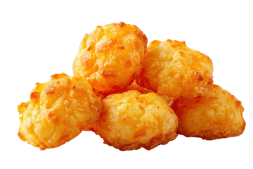 Crispy golden potato tots piled together isolated on transparent background. Golden brown potato tots piled high ready to eat isolated on white background.