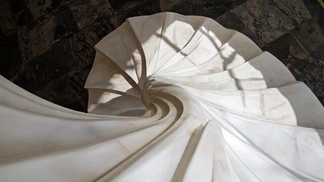 A mesmerizing view of a spiraling architectural staircase, crafted from pristine white marble with a unique design.