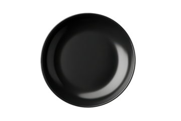 Glossy black oval dish isolated on transparent background. Sleek black plate with a glossy finish reflects subtle light isolated on white background.