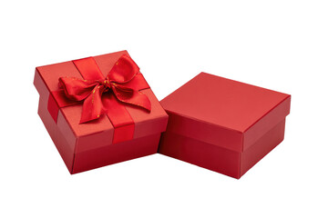 Fototapeta premium Two red gift boxes with ribbon isolated on transparent background. Open red gift box with ribbon bow isolated on white background.