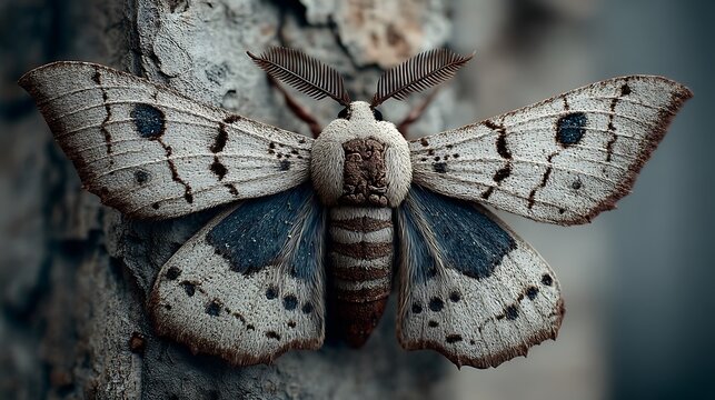 Silk moth resting tree bark macro illustrator