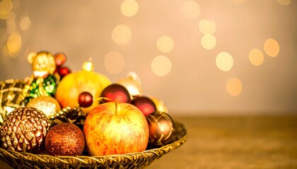 Celebration background.Xmas and new year holidays concept.Vintage Christmas tree decorations in different colors are placed in a wicker basket under the tree.shine and glittering,luxurious background