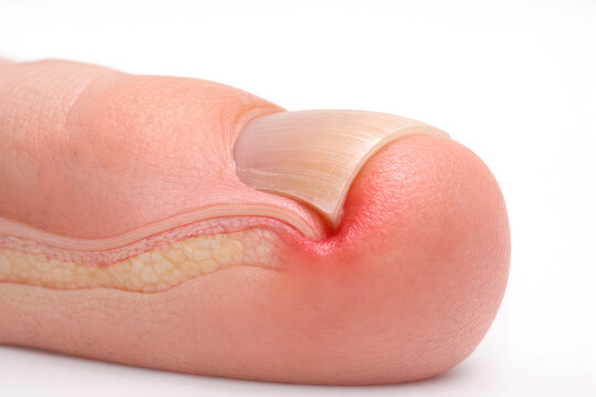 Photorealistic 3D macro close-up of an ingrown toenail on the big toe, nail edge curving into the lateral nail fold with mild swelling and redness, intact skin, ultra-detailed skin pores and cuticle t