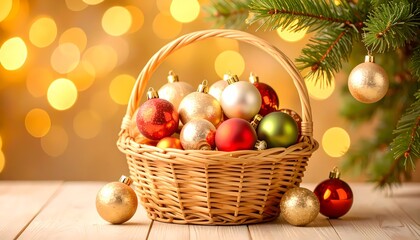 Celebration background.Xmas and new year holidays concept.Vintage Christmas tree decorations in different colors are placed in a wicker basket under the tree.shine and glittering,luxurious background