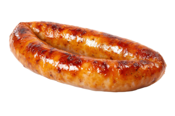 Juicy grilled sausage isolated on transparent background. Deliciously grilled sausage isolated on white background.