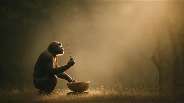 Australopithecus ape using a stick and bowl to process food for a prehistoric gathering concept.
