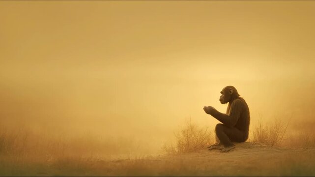 Chimpanzee gathering and eating food in a misty, golden landscape. Primate foraging and consuming plants with an ancient human concept.