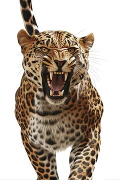 Spotted wild leopard running fast and jumping forward on isolated white background