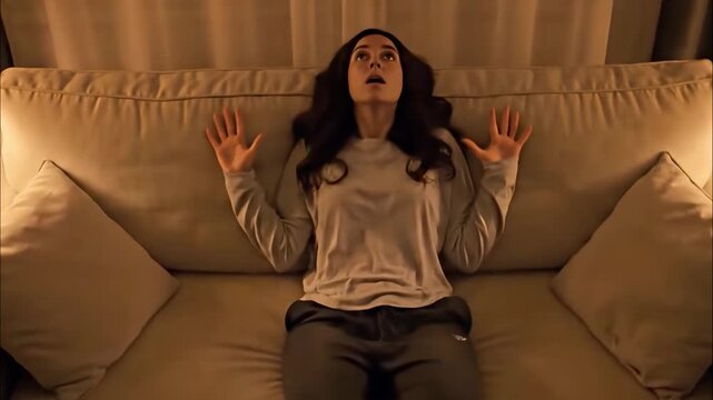 Artistic Overhead Shot Of Person On Sofa Reacting To Jump Scare
