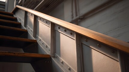 Industrial metal staircase with wooden treads and handrail illuminated by warm sunlight