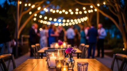Warmly lit outdoor wedding reception with string lights and floral decorations