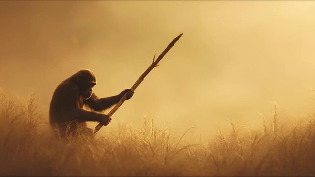 Australopithecus ape using a stick for tool use in a grassy field, depicting early hominid behavior and primitive gathering.
