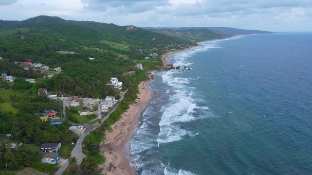 Bathsheba Beach aerial view including mushroom rock in village of Bathsheba, Saint Joseph, Barbados. 