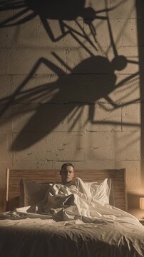 Man sitting in bed looking scared at large mosquito shadows on wall during night