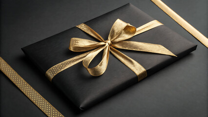 Luxury gift box with gold ribbon on black background