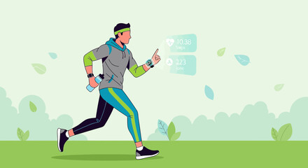 Dynamic vector illustration portraying a runner monitoring health metrics in a park setting