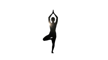A person in a yoga pose with one leg bent and arms raised upwards isolated on transparent background