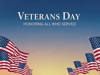 Symbolic Veterans Day illustration featuring traditional US flags and text honoring military service members against a calm blue backdrop.