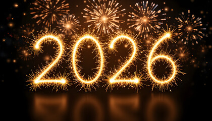 Symmetrical 2026 Sparkler Numbers and Fireworks Reflection on Dark Surface for New Year Eve Celebration