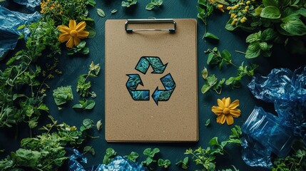 Eco-Conscious Composition: Recycling Symbol on Clipboard Surrounded by Nature and Plastic.