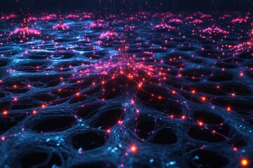 Complex network of glowing nodes and fibers demonstrating interconnected patterns at night