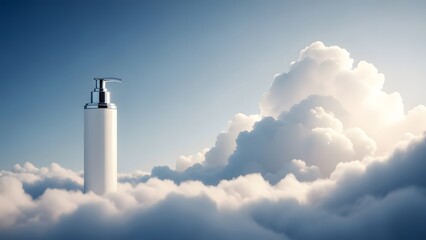 A tube of cream rising through fluffy white clouds towards a clear blue sky