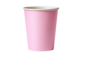 Tall pink paper cup for drinks isolated on transparent background. Single pink paper cup isolated on white background.