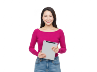 Young woman holding a tablet isolated on transparent background isolated on transparent background