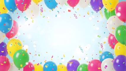 Vibrant birthday celebration frame with colorful balloons and confetti
