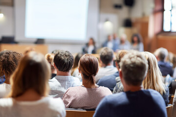 People students attending a lecture at an auditorium, view from back
