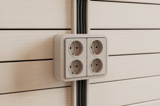 A modern four-gang electrical power outlet mounted on a textured wooden wall with exposed cabling