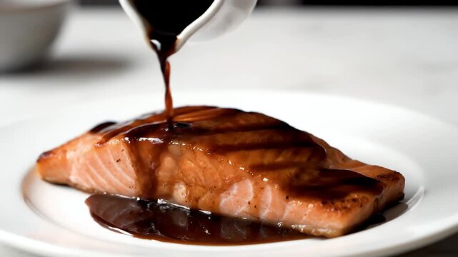 Succulent pan-seared salmon fillet expertly drizzled with a rich, flavorful sauce, an elegant dish