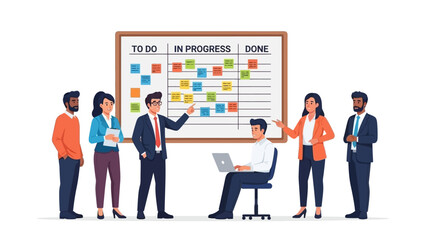 Fototapeta premium Diverse business team collaborating on agile project management with a kanban board, organizing tasks, tracking progress, and fostering efficient workflow in a modern office environment