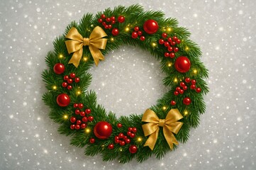 Elegant Christmas Wreath with Red Ornaments, Golden Bows and Warm Lights on Snowy Background