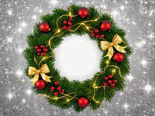 Elegant Christmas Wreath with Red Ornaments, Golden Bows and Warm Lights on Snowy Background