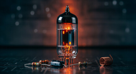 Glowing Vintage Electron Vacuum Tube Illuminating Retro Electronic Components and Circuitry