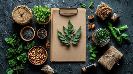 Natural Ingredients Composition: Clipboard, Herbs, Spices, and Textural Dark Background.