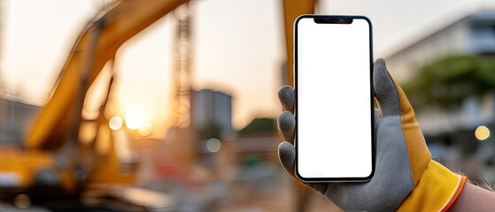 Construction worker displays blank phone screen in front of modern building under construction during working hours