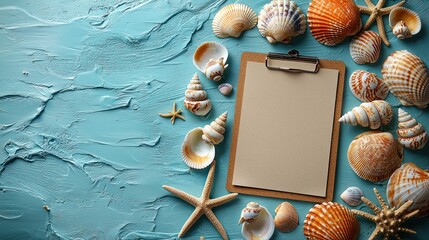 Seashells and Starfish on Textured Blue Surface with Clipboard, Summer Theme.