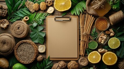 Natural Elements Composition: Clipboard, Citrus, Leaves, and Organic Textures.