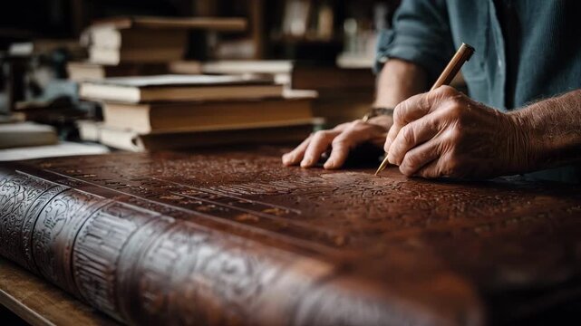 Artisan at work creating debossed patterns on luxury leather book covers highlighting the subtle depth and clean indented lettering.