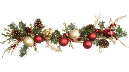 Christmas garland with red and gold ornaments, pine cones, and berries isolated on white background