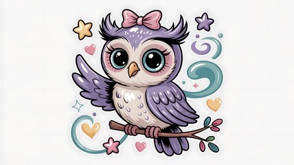 A whimsical glossy cartoon illustration of a cute owl with big eyes and a pink bow on its head
