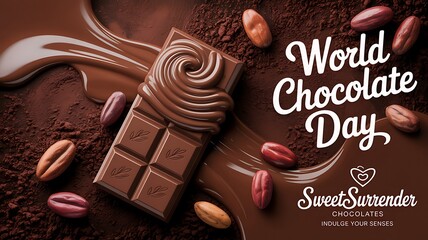 Chocolate bar with cocoa beans and chocolate sauce on brown background world chocolate day