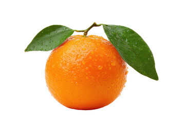Fresh orange with water droplets and leaves isolated on transparent background. Single ripe orange fruit with two green leaves and water droplets isolated on white background.